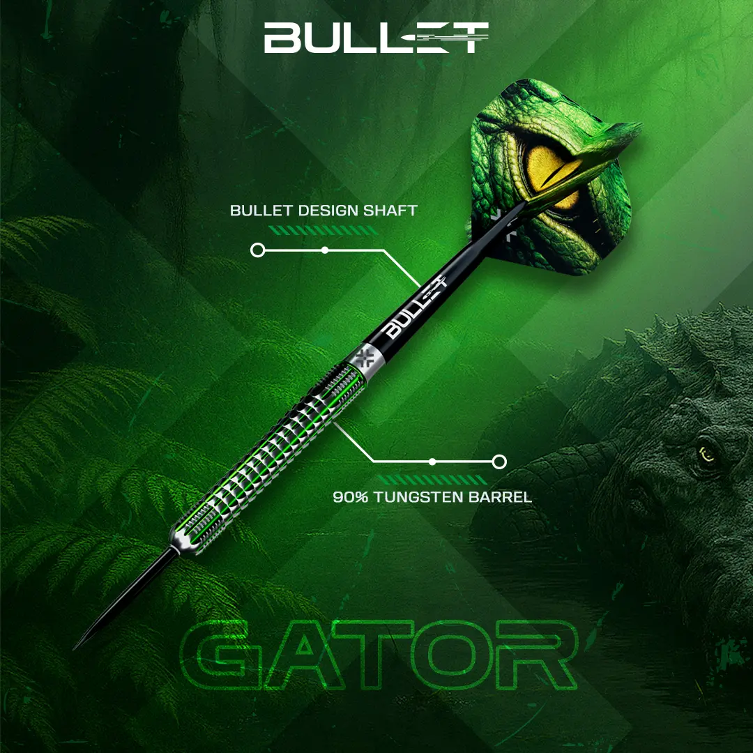 Bullet Gator Steeldarts mit 90 % Tungsten Barrel und markantem Gator-Grip