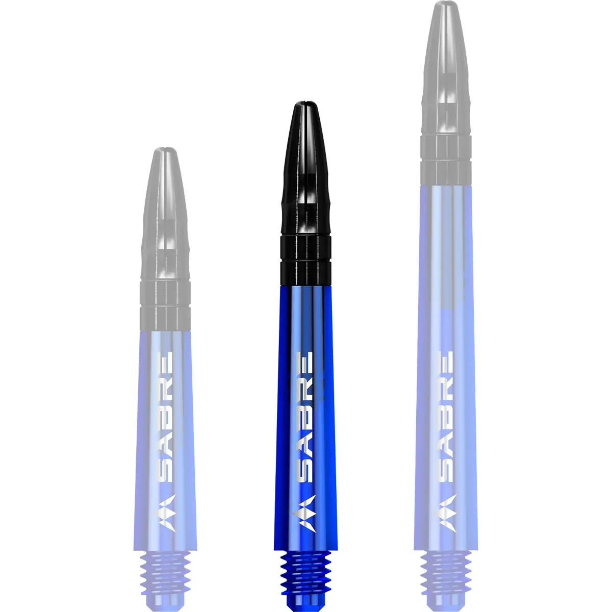 Mission Sabre Dart-Schafts in der Farbe Blau-Schwarz und der Größe Midi. Diese mittelschweren Shafts bieten eine ausgewogene Balance zwischen Länge und Gewicht.