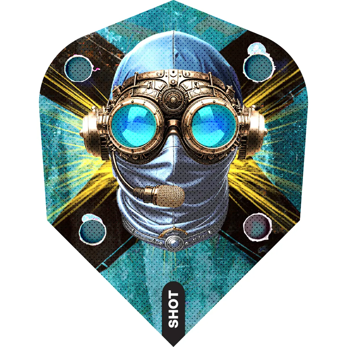 Shot Badlands Tova Flight No.6 einzeln | Dartgott Shot Badlands Tova Flight No.6 einzeln – blauer Gasmaske-Look mit Lichteffekten auf türkis-schwarzem Hintergrund, 100 Micron Polyester