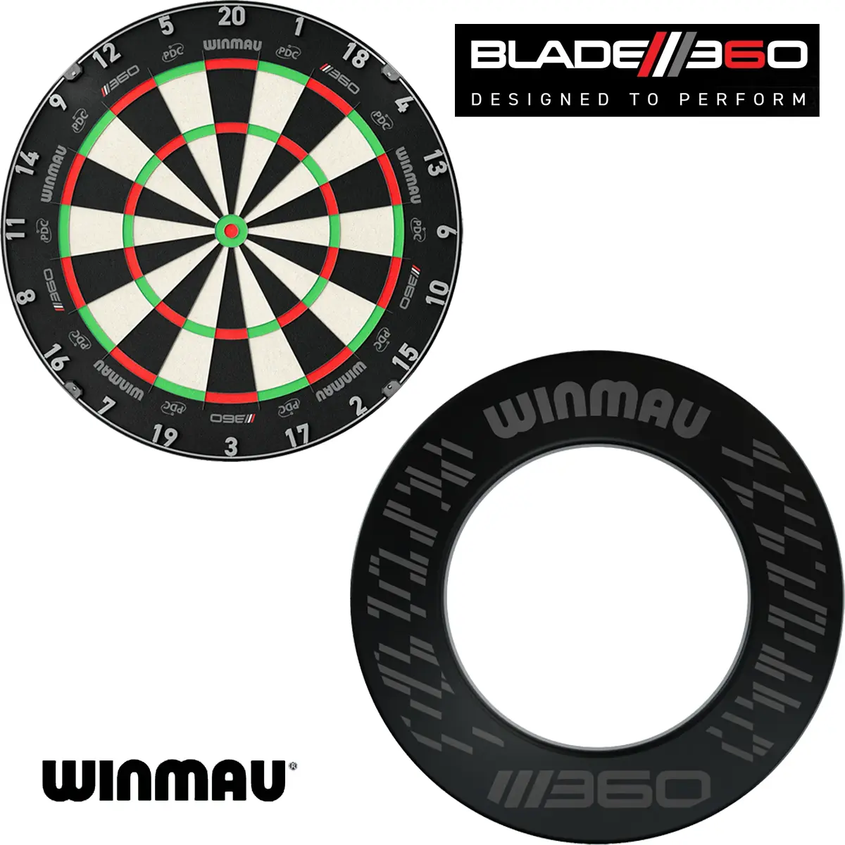 Winmau Blade 6 Triple Core 360 Dartboard und Blade 360 Surround Black als Set-Abbildung