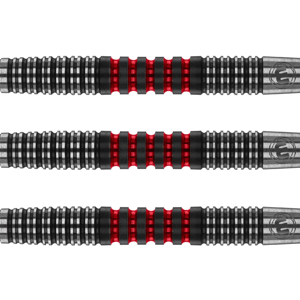 Drei Winmau Joe Cullen Softdart Barrels mit markantem Ringgrip in Rot-Schwarz.