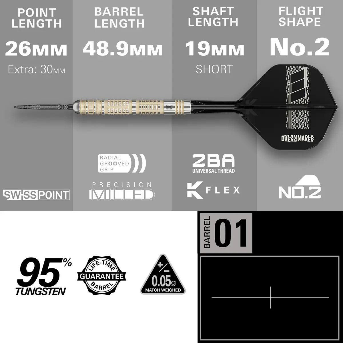 Technische Details Target Dimitri Van den Bergh 95K Swiss Point Steeldarts – 95 % Tungsten Barrel, 26 mm Spitzen, 48,9 mm Barrel Länge, Short Shaft, No.2 Flights