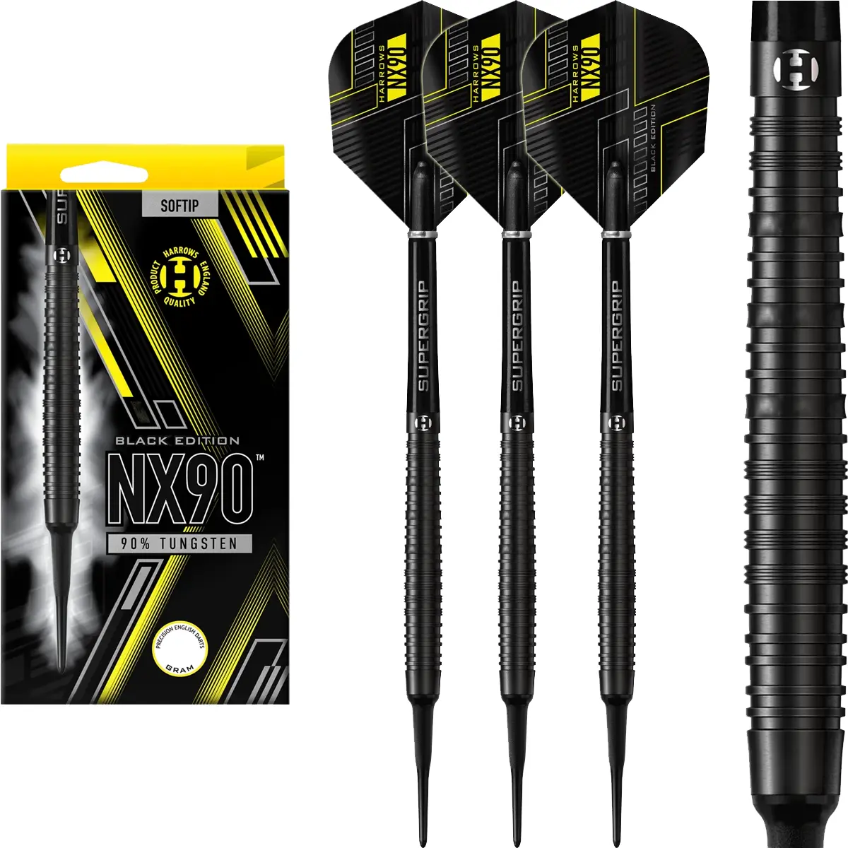 Harrows NX90 Black 90% Tungsten Softdarts Komplettset mit schwarzem Barrel, Ring- und Mikrogrip sowie Flights und Verpackung