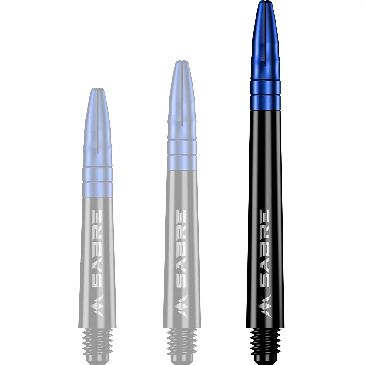 Mission Sabre Dart-Schaft in Schwarz-Blau, Größe Medium. Langer Hybrid-Schaft für eine stabilisierte Flugkurve und markante blaue Farbakzente.