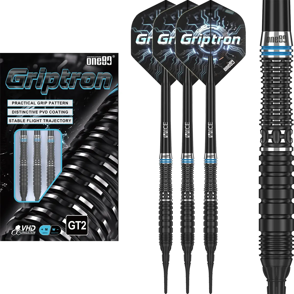 One80 Griptron GT2 Softdarts mit 90 % Tungsten – Barrel 46,5 mm lang und 7,0 mm Durchmesser