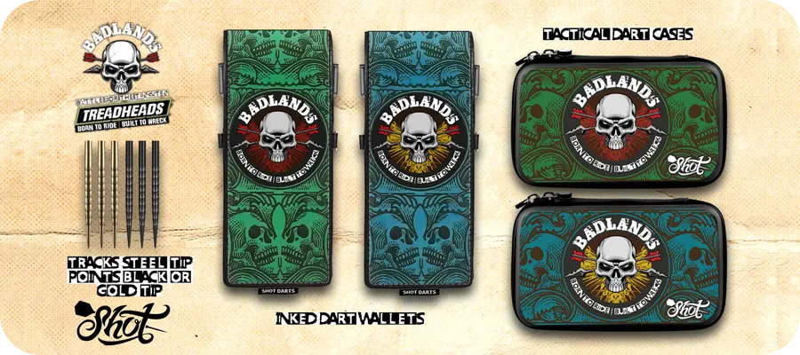 Shot Darts Neuheiten 2025 – Badlands Darttaschen, Inked Wallets & Treadheads Spitzen Shot Darts Neuheiten Banner mit Badlands Darttaschen, Inked Dart Wallets und Treadheads Spitzen