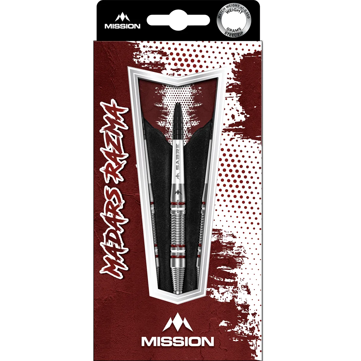 Mission Madars Razma Steeldarts Verpackung mit rot-weißem Signature Design
