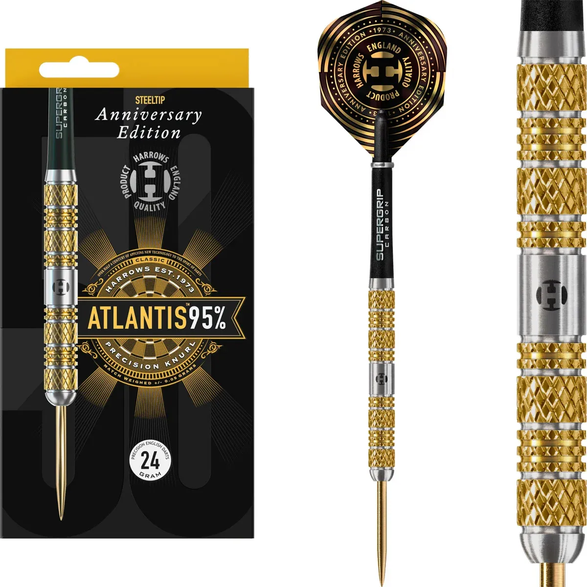 Harrows Atlantis Steeldarts 95 Prozent – Set mit Barrels, Supergrip Carbon Shafts und Anniversary Flights