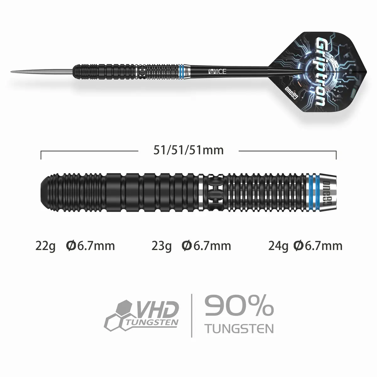 One80 Griptron GT4 Steeldarts – Barrelmaße 51 mm Länge, Ø 6,7 mm, 22 g, 23 g und 24 g, 90 % Tungsten