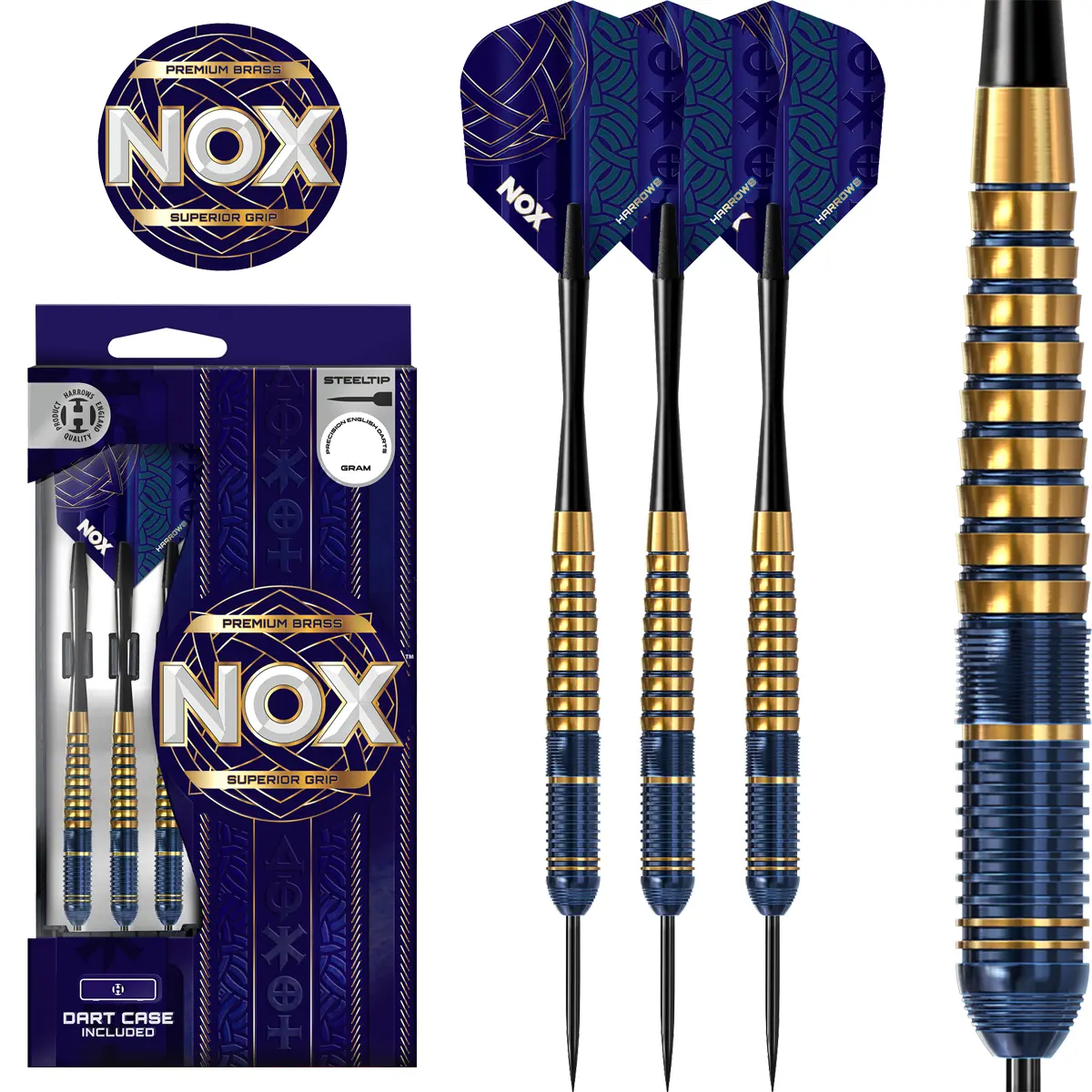 Harrows Nox Steeldarts im Royal-Blue-Gold-Design – präzises Messing-Dartset mit Ringgrip und Tropfenform für kontrollierte Würfe.