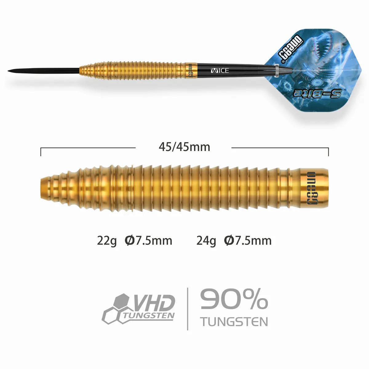 One80 S-Bite S B2 Steeldarts Barrel Details – 22 g und 24 g, 45 mm Länge, 7,5 mm Durchmesser, 90 % Tungsten