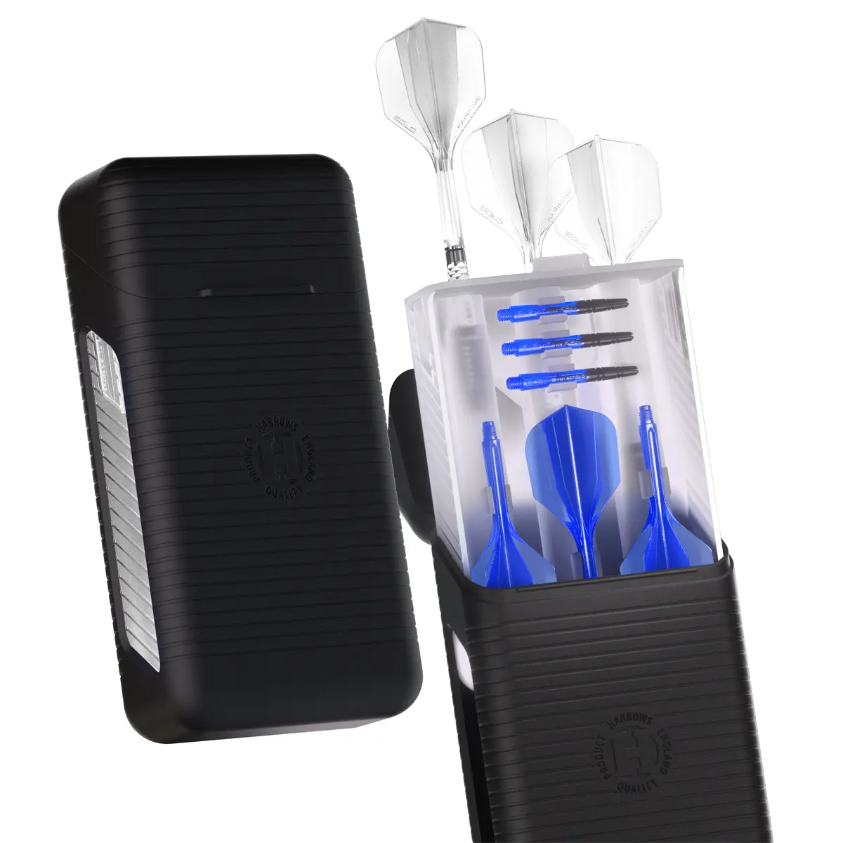Harrows Vault Dartcase Klar geöffnet mit montierten Darts – halbtransparentes Soft-Touch Hardcase mit Zubehörfächern