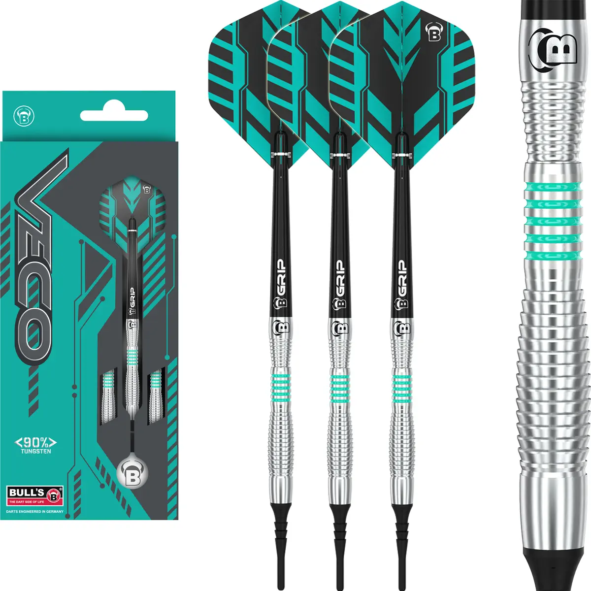 Bulls Veco V3 Softdarts – Komplettset mit 3 Pfeilen und Verpackung Bulls Veco V3 Softdarts Set mit 3 Pfeilen, Verpackung und Barrel-Detail