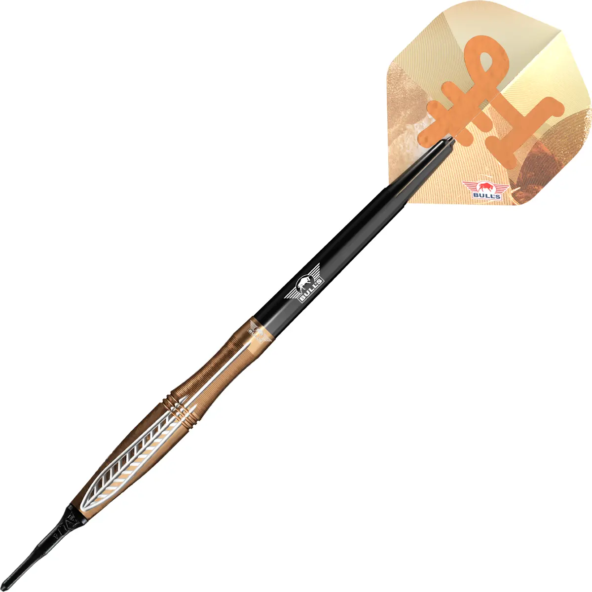 Bull's NL Bronzo Flux Softdarts 18 g – dynamische Seitenansicht mit gold-braunem Barrel und Logo-Flight
