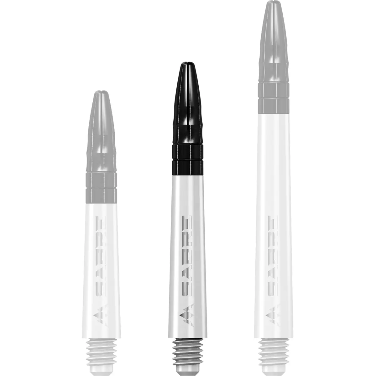 Mission Sabre Dart-Schaft in Weiß-Schwarz, Größe Midi. Die mittlere Länge (Intermediate) kombiniert Polycarbonat-Körper mit schwarzem Aluminium-Top.