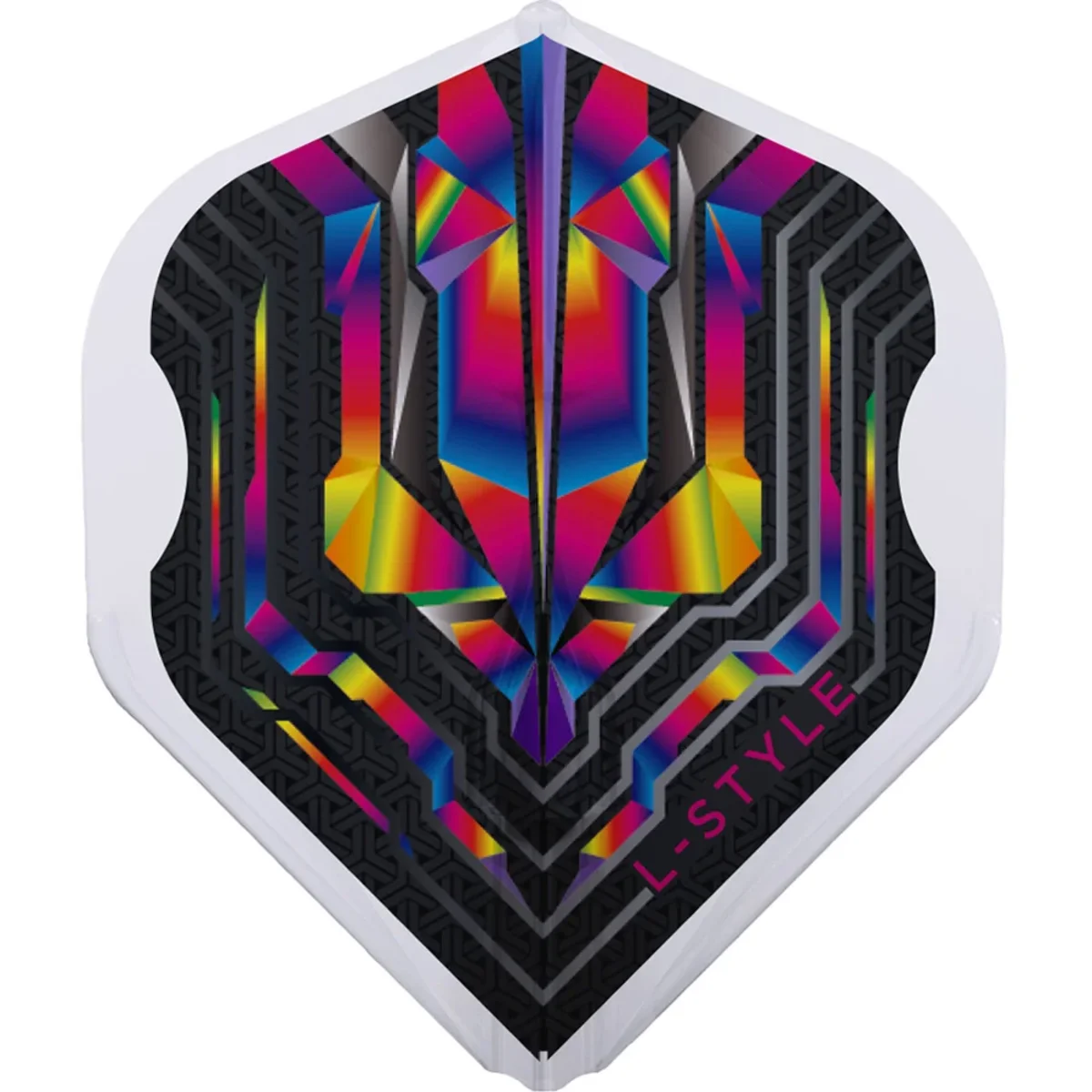 Detailaufnahme eines L-Style Origin EZ L1 Flights Rainbow; Fokus auf die bunten geometrischen Linien, das L-Style Logo und den integrierten Flightschoner.