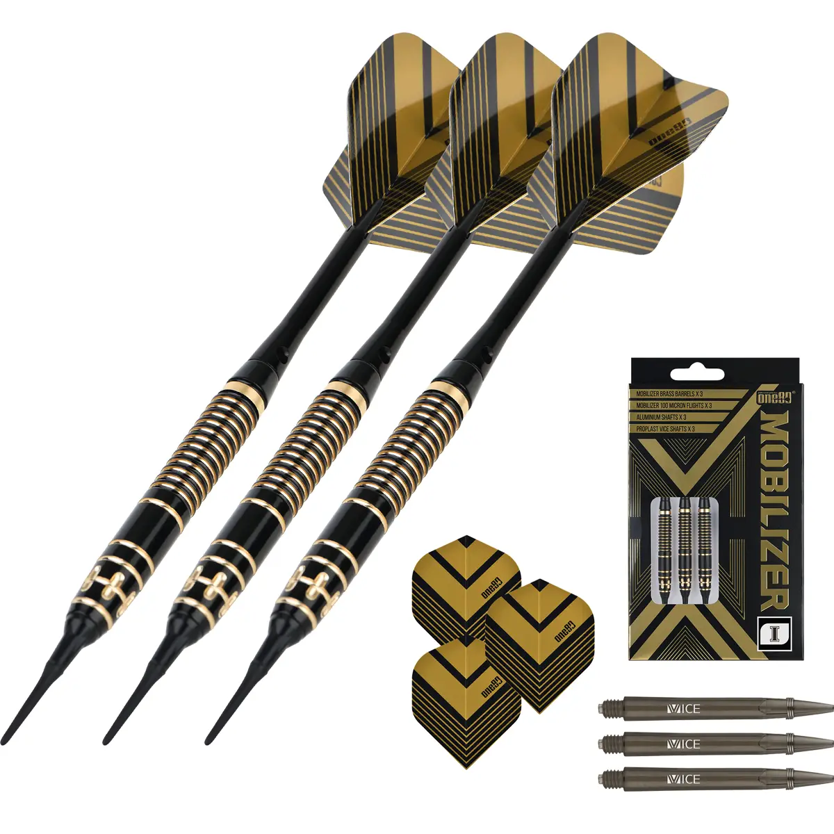 One80 Mobilizer 1 Softdarts in dynamischer Ansicht mit hinterer Ringed-Grip-Zone und stabiler Fluglage