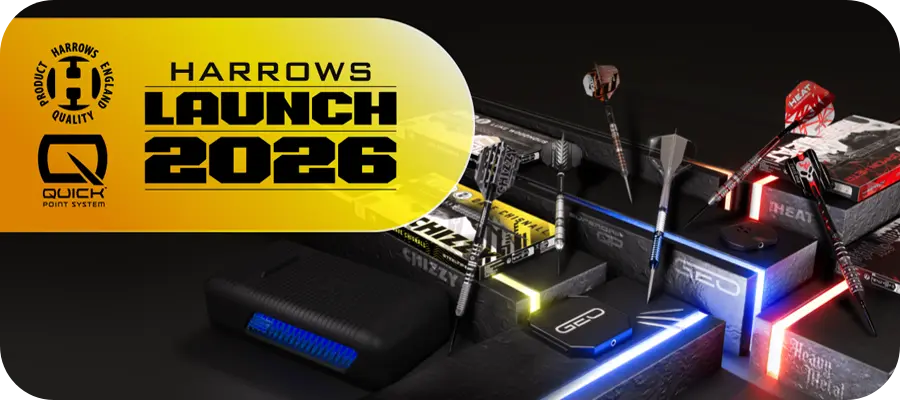 Harrows Launch 2026 Banner mit neuen Spielerdarts, GEO Darts und Quick Point System