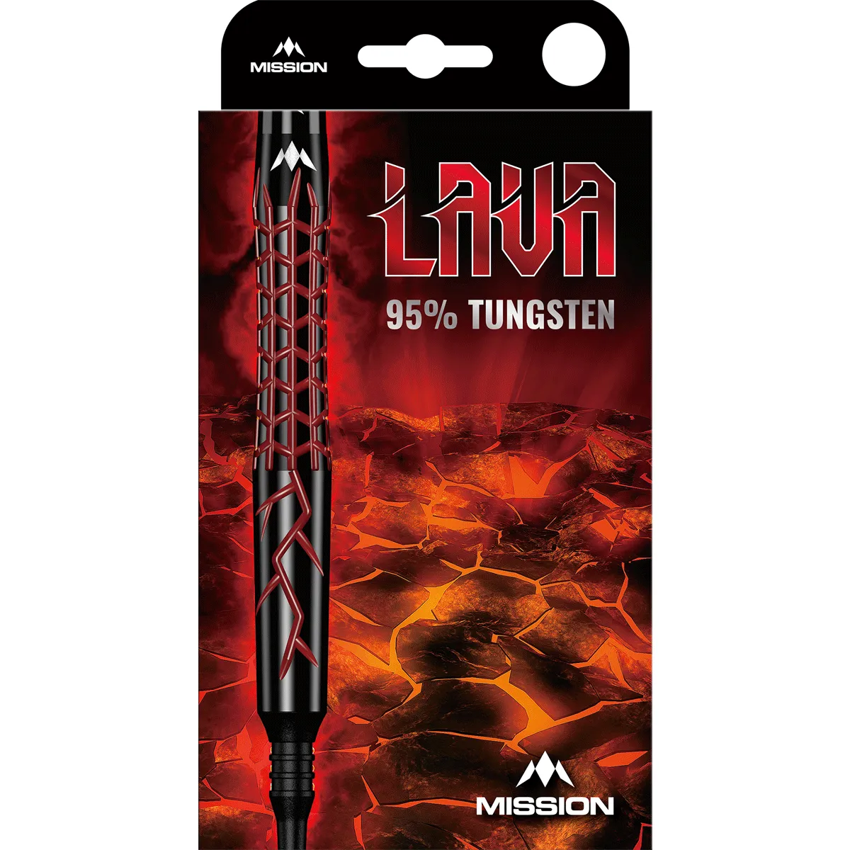 Mission Lava Softdarts Verpackung mit 95 % Tungsten Dartset und Mission Branding