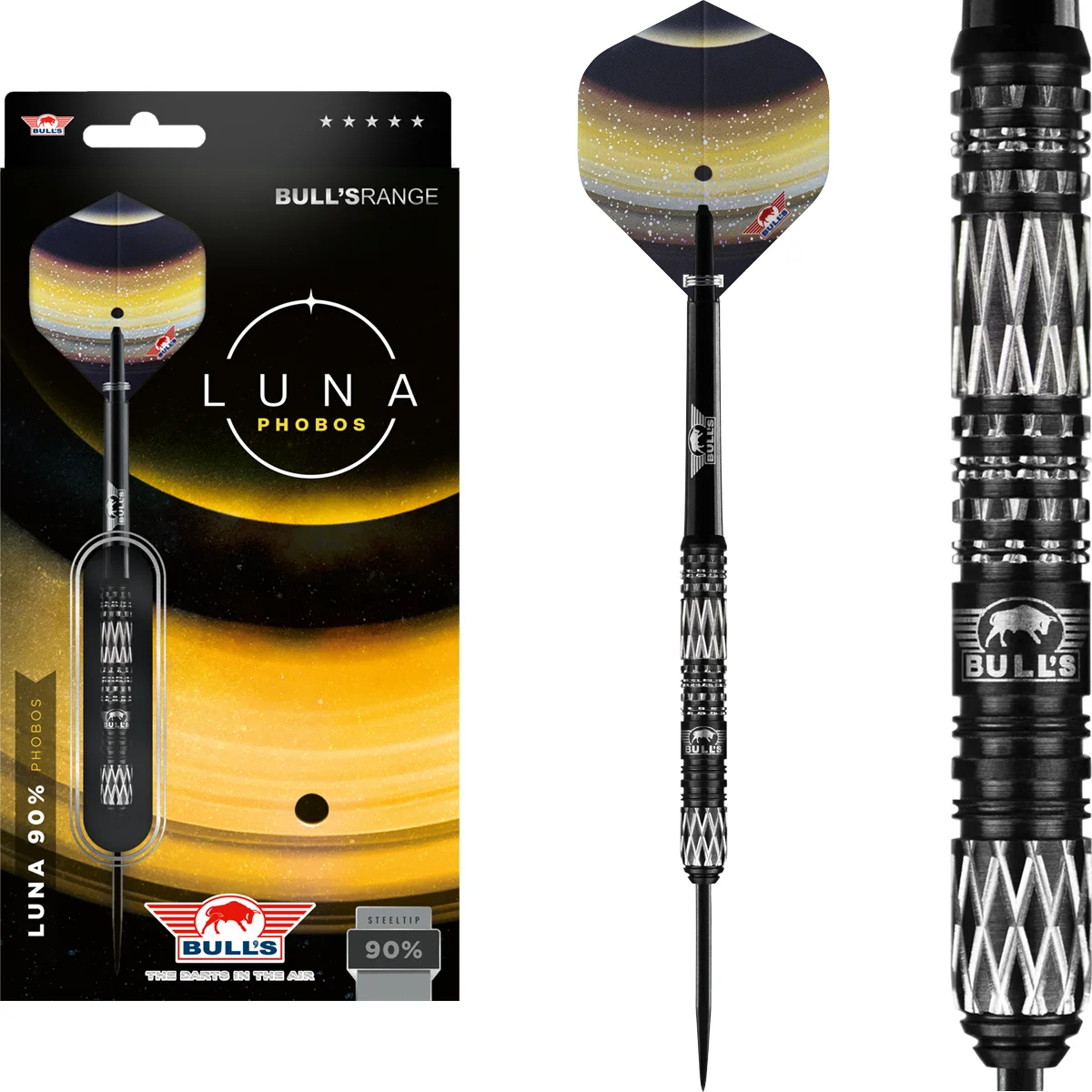 Bull’s NL Luna Phobos Steeldarts Komplettset mit 90 % Tungsten, geradem Barrel, Flights und schwarzen Shafts