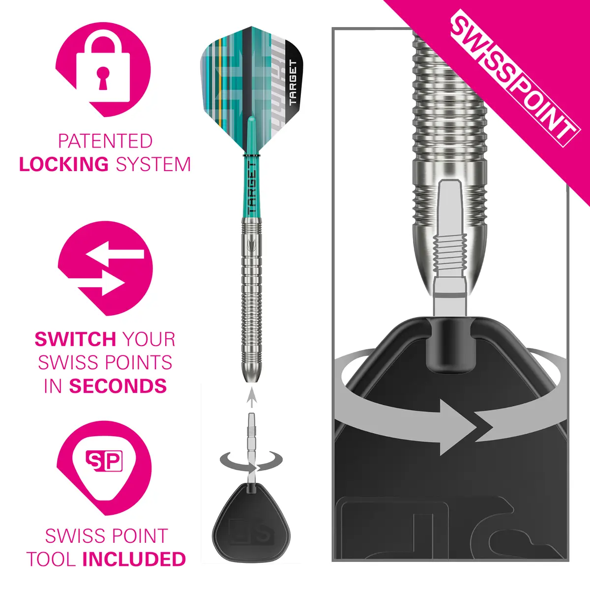 Target Hydro 03 Swiss Point Steeldarts mit Swiss Point Wechsel-System und Tool