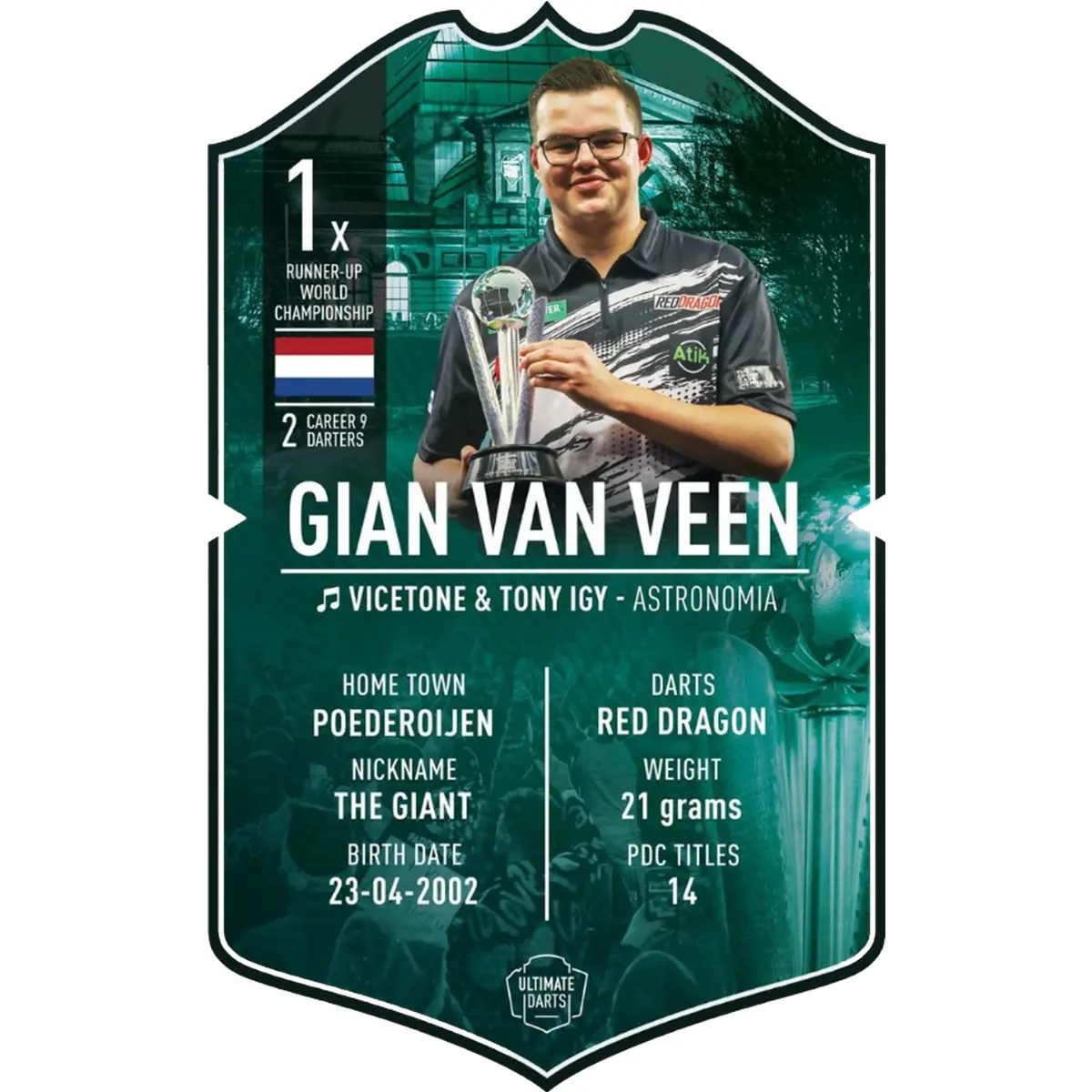 Gian van Veen Ultimate Darts Card 2026 mit Spielerporträt, World Championship Finalist Design und Statistikdaten