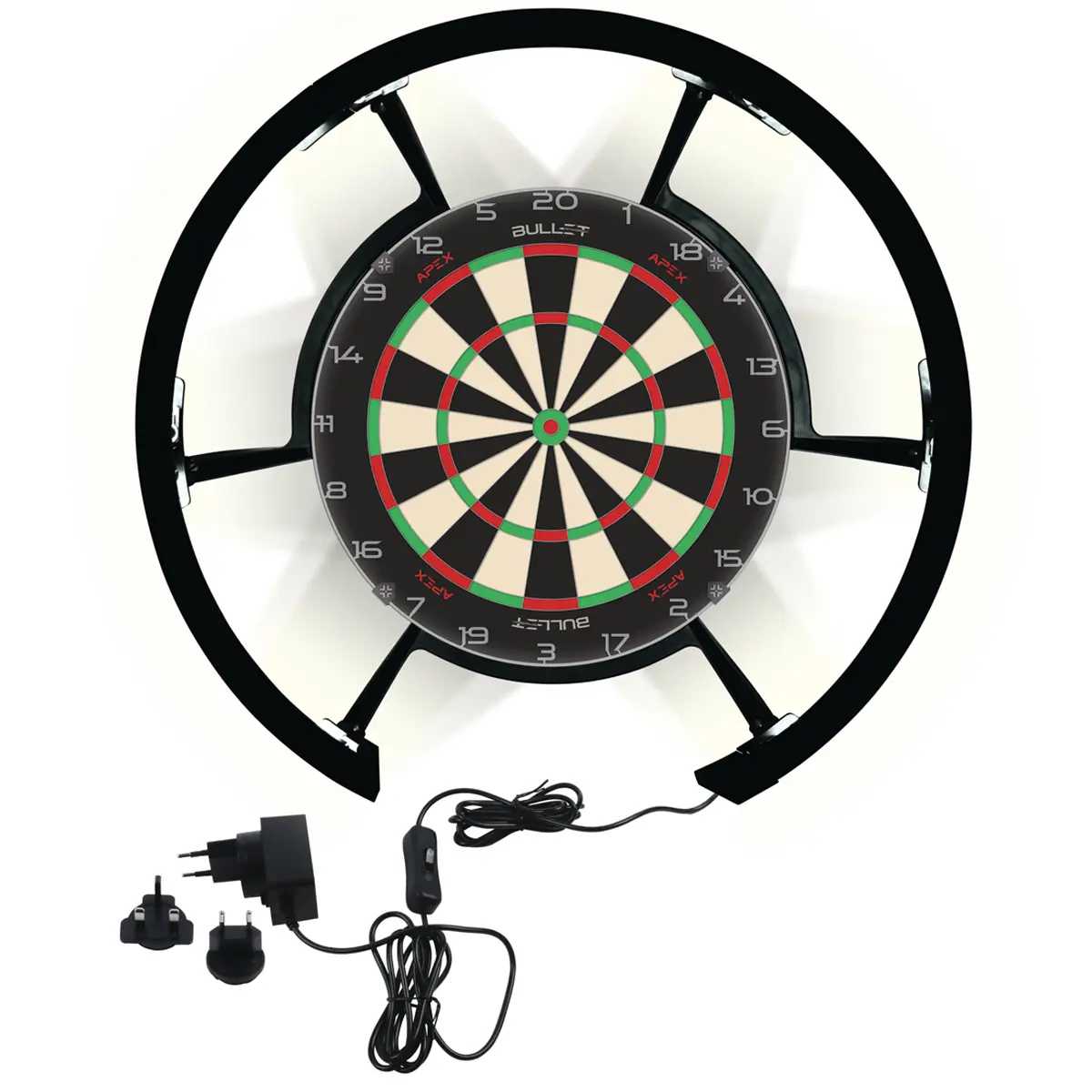 Bullet Radion 300 Dartboardbeleuchtung frontal mit gleichmäßiger LED-Ausleuchtung am Steeldartboard