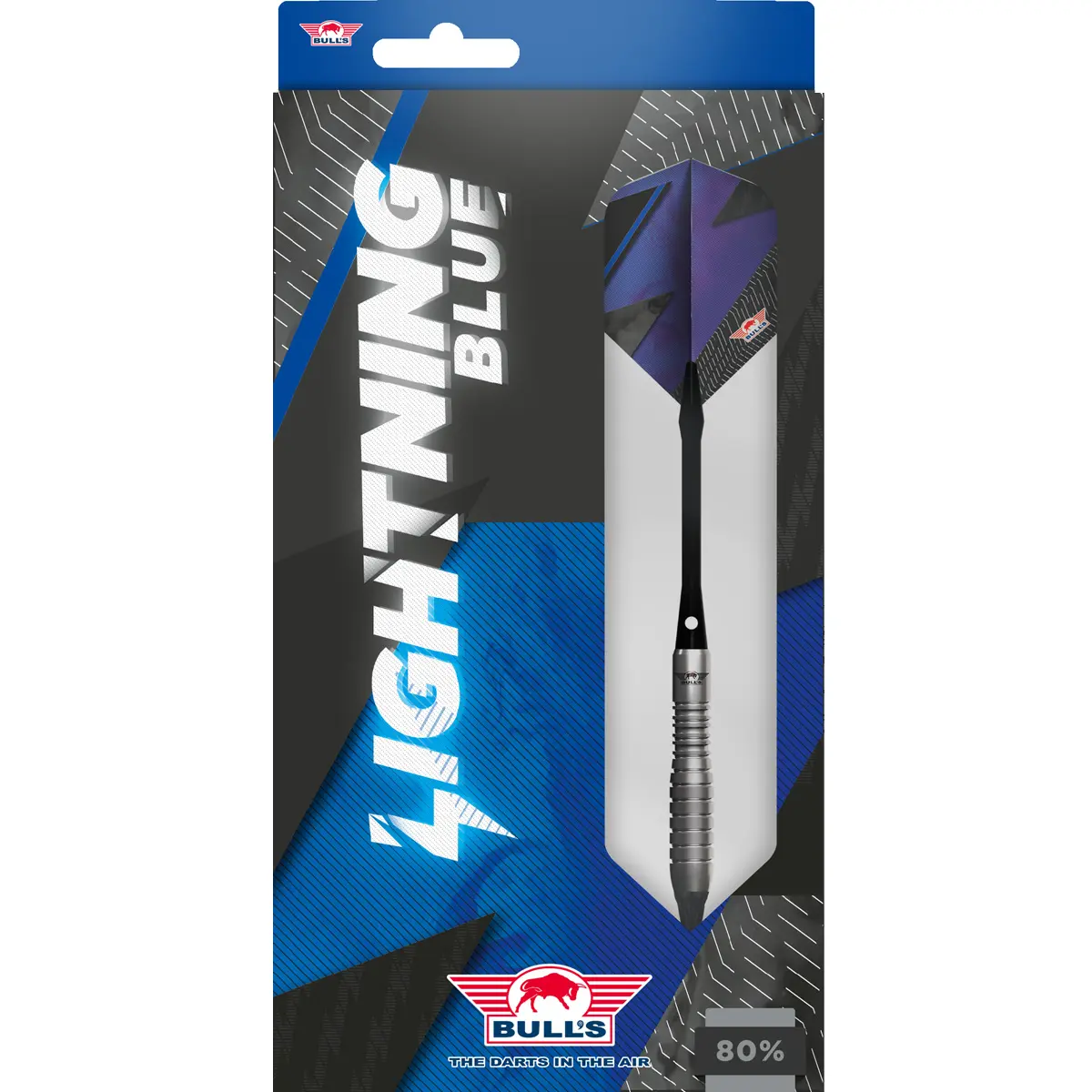 Verpackung des Bull’s Lightning Blue Dartsets – Softdarts mit Zubehör im Blister