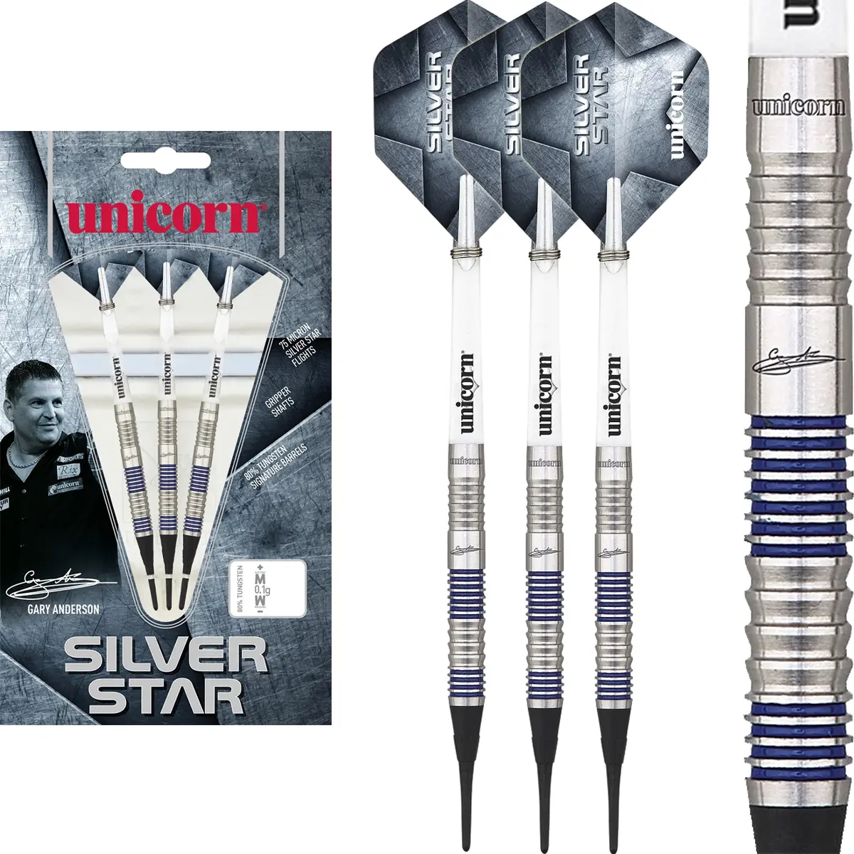 Unicorn Gary Anderson Silver Star P3 Softdarts Komplettset mit Flights und Shafts