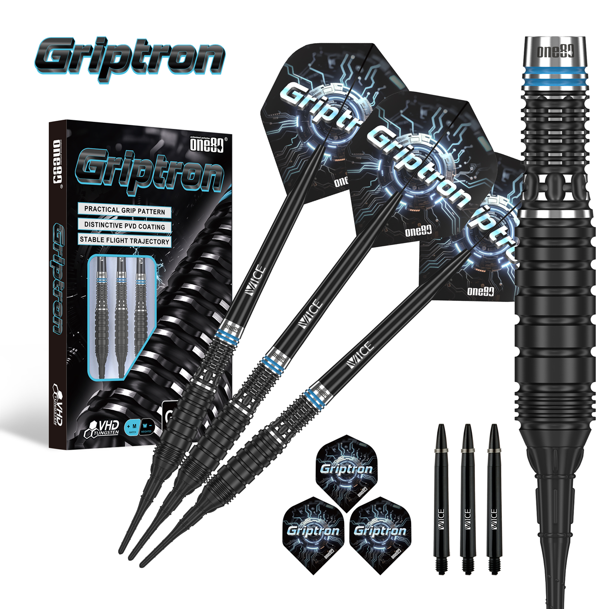 One80 Griptron GT3 Softdart in Seitenansicht mit kurzem Barrel und hinterer Griffzone