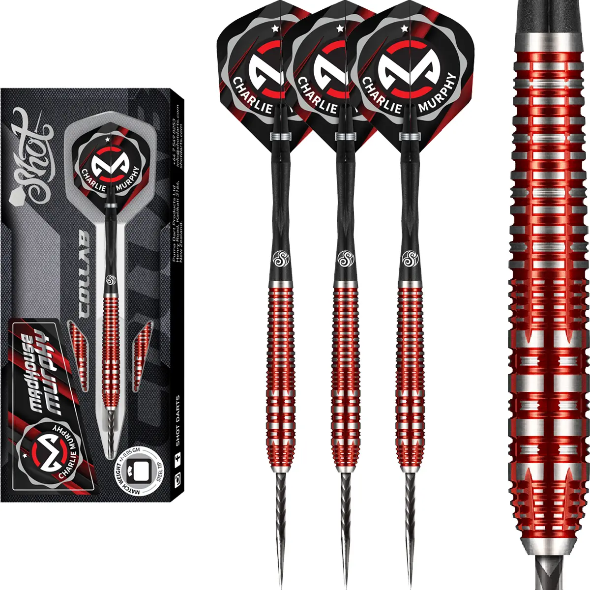 Shot Charlie Murphy Steeldarts 23g – mit Verpackung, Barrelstruktur und kompletter Ansicht Shot Charlie Murphy Steeldarts 23g mit Verpackung und Barrel-Detail