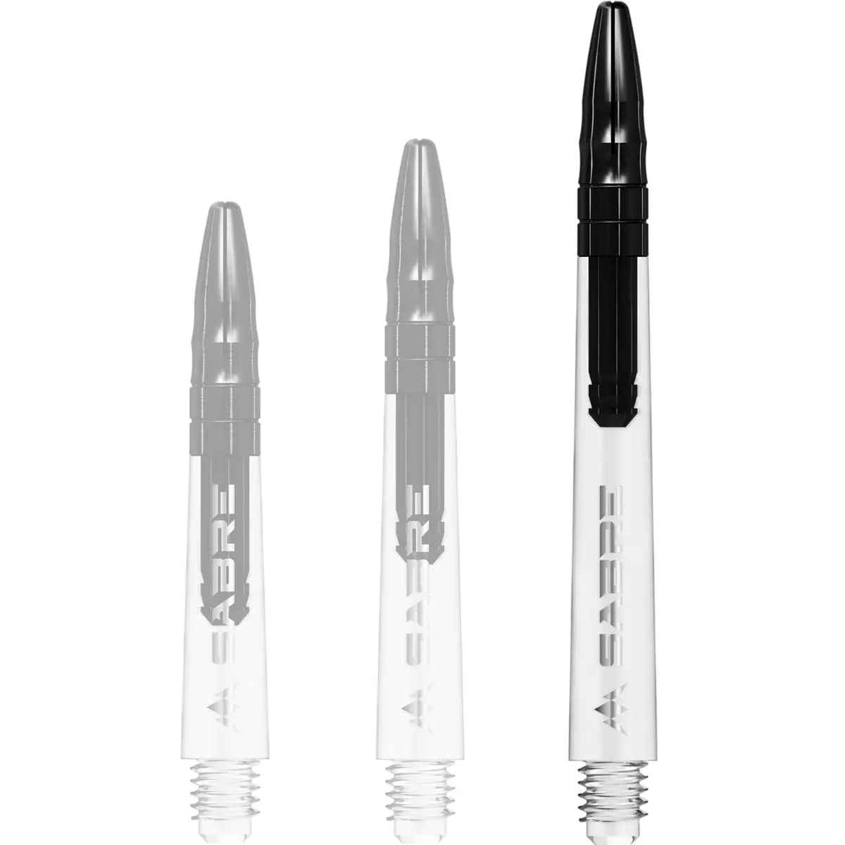 Mission Sabre Dart-Schaft in Klar-Schwarz, Größe Medium. Langer transparenter Schaft für eine stabilisierte Flugphase und modernen Kontrast-Look.