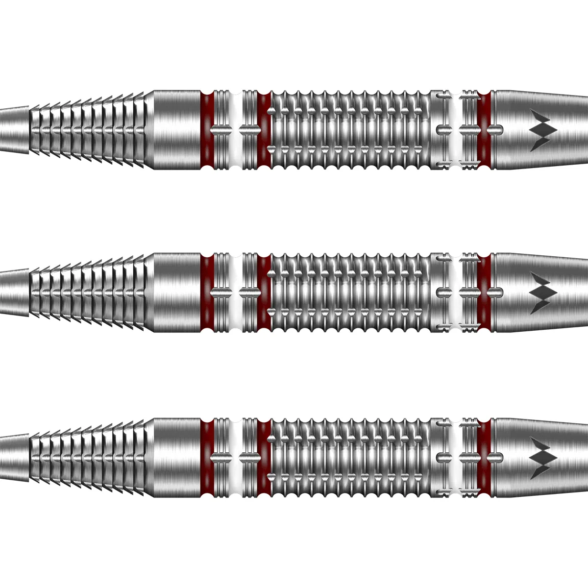 Nahaufnahme des Shark Grips am Mission Madars Razma Steeldart mit rot-weißen Akzenten