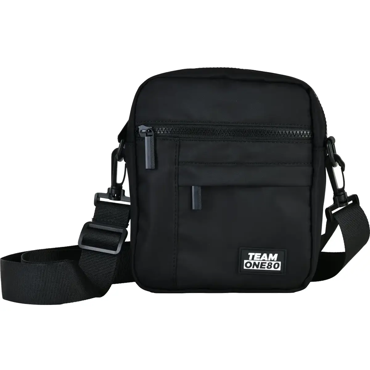 One80 Shoulder Bag Darttasche schwarz Frontansicht mit Team One80 Logo und Reißverschlussfach