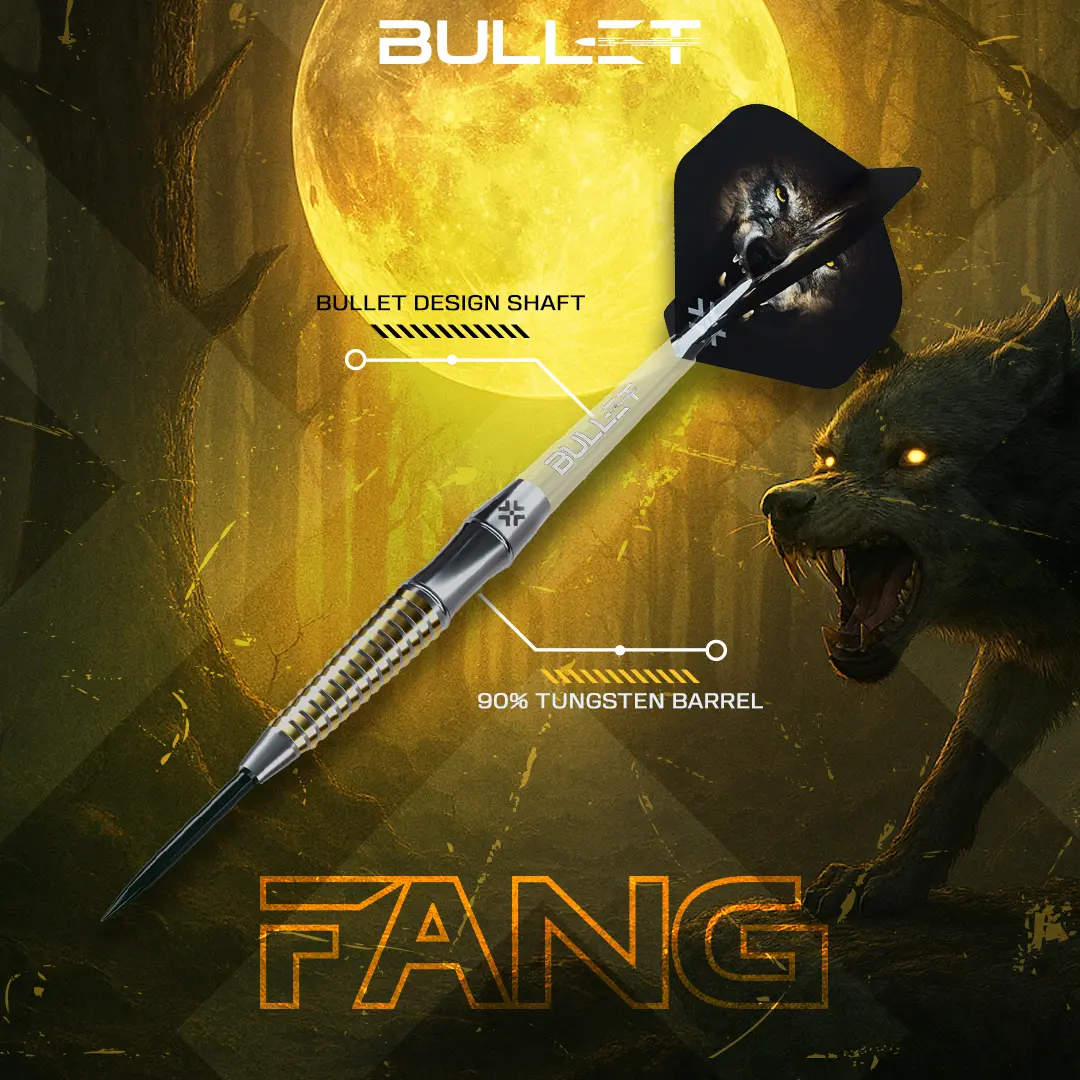 Bullet Fang Steeldarts mit 90 % Tungsten Barrel und klassischem Ringgrip