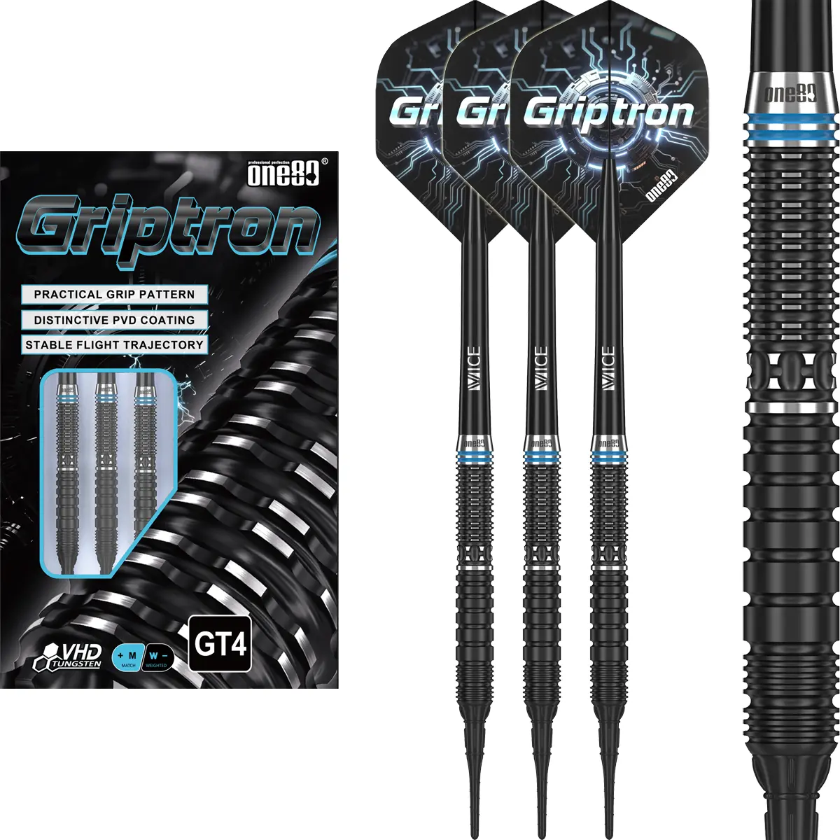 One80 Griptron GT4 Softdarts als Komplettset mit Verpackung, montierten Darts, Flights und Shafts