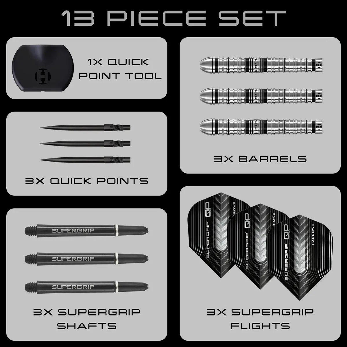 Lieferumfang der Harrows Supergrip Quick Point Steeldarts mit Quick Point Tool, Shafts, Flights und Barrels