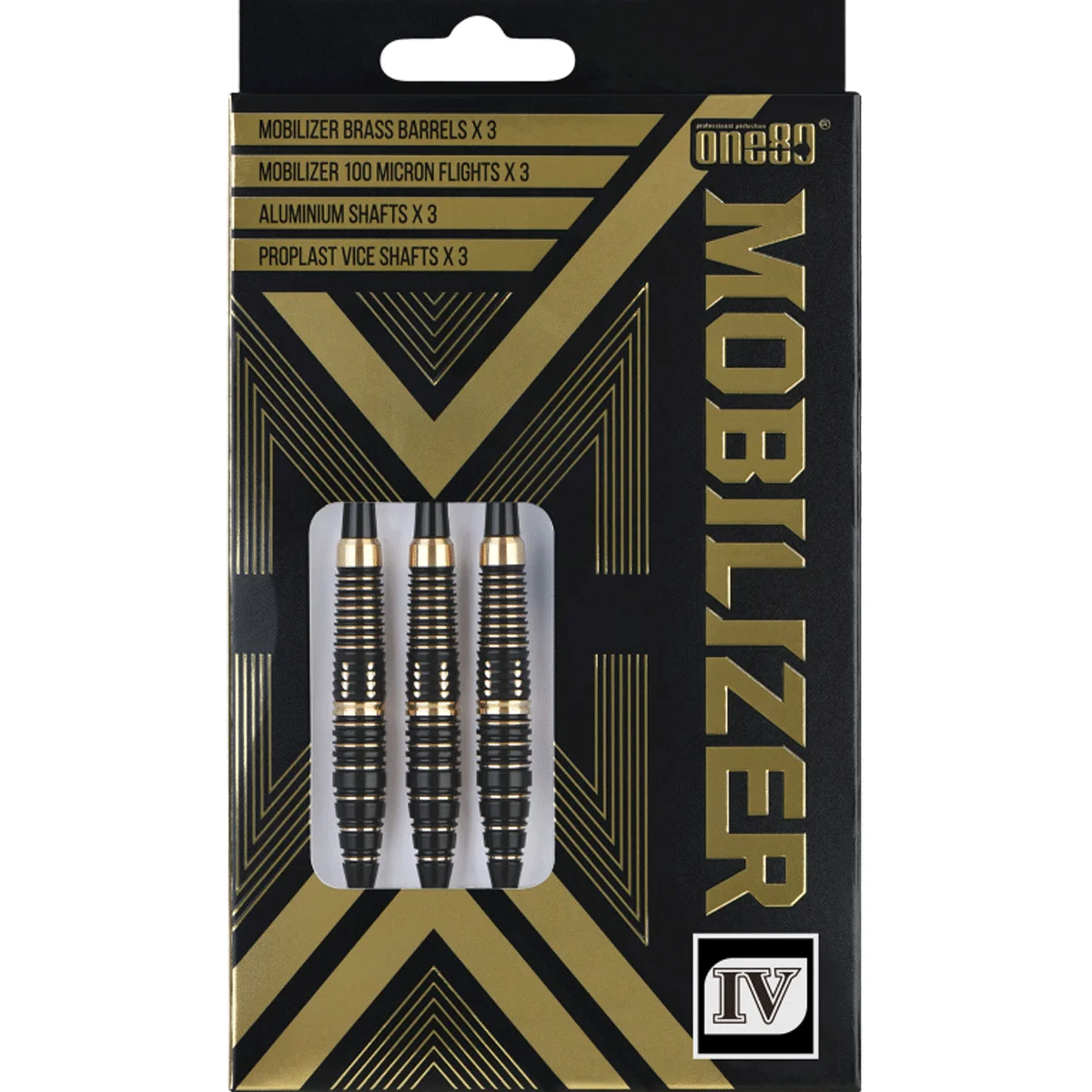 One80 Mobilizer 04 Steeldarts in Verpackung – Schwarz-Gold Design mit Brass-Barrels