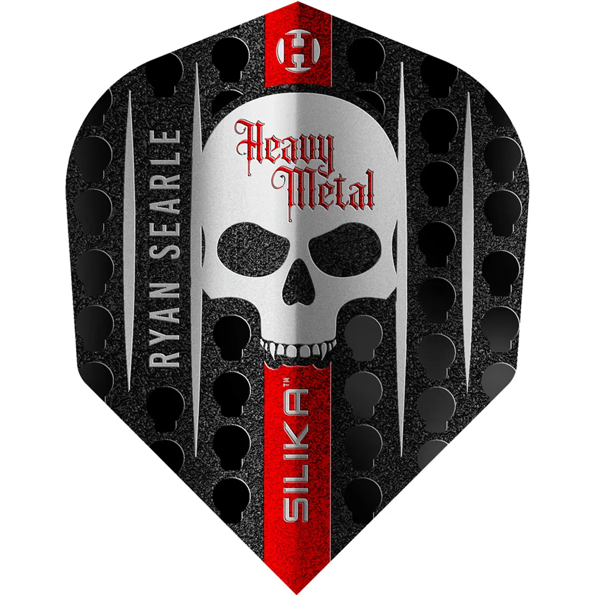 Harrows Ryan Searle Silika No6 Flight mit silbernem Totenkopf und rotem Akzent