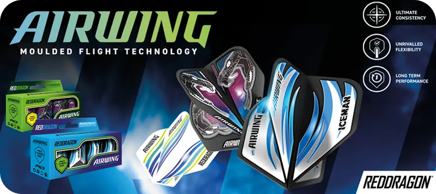 Red Dragon Airwing Flights Banner mit verschiedenen Airwing Flight Designs und Verpackungen, zeigt die moulded Flight Technology