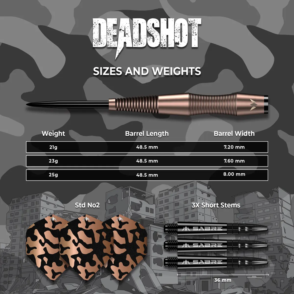 Mission Dead Shot Steeldarts – Tabelle mit Barrel-Längen und Durchmessern für 21 g und 23 g