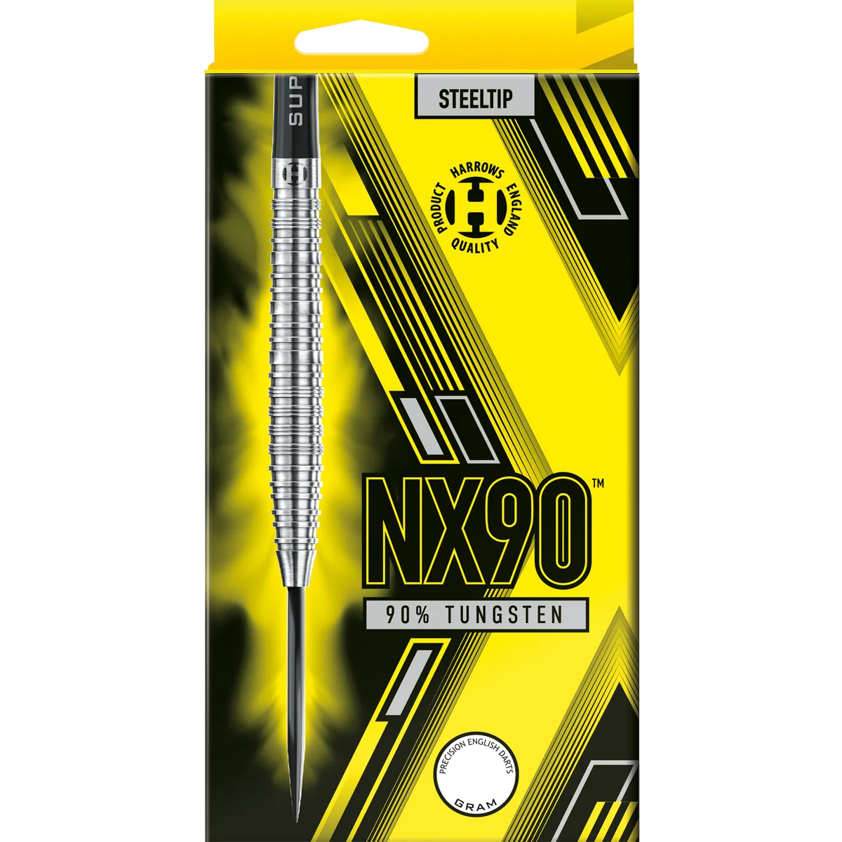 Harrows NX 90 Steeldarts Verpackung in Gelb mit 90 Prozent Tungsten Barrel