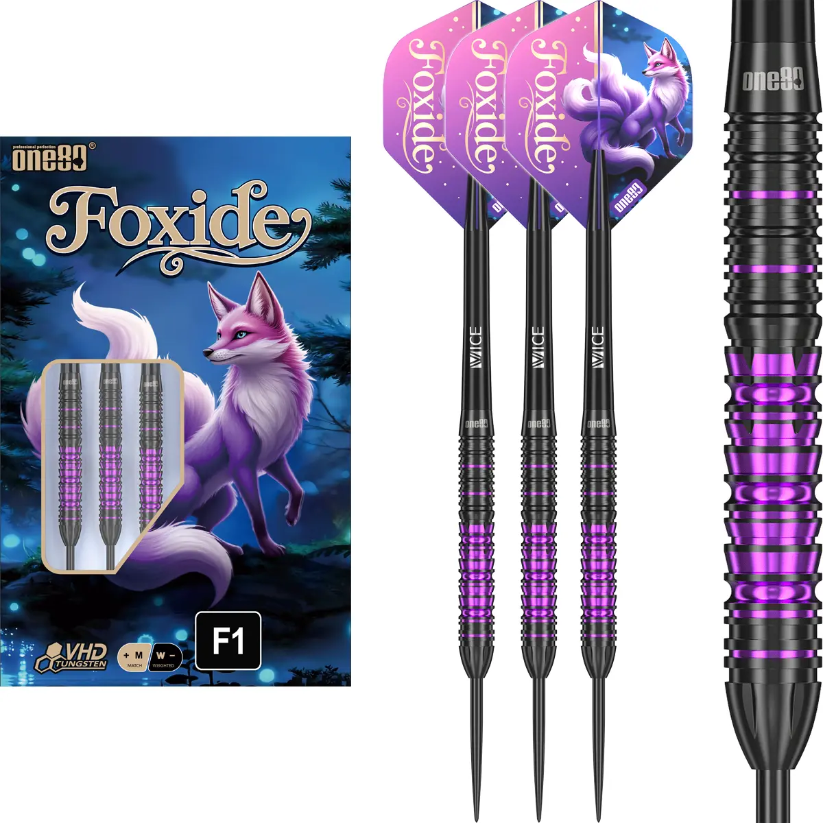 One80 Foxide F1 Steeldarts Komplettset mit violettem Gripbereich und geradem Barrel