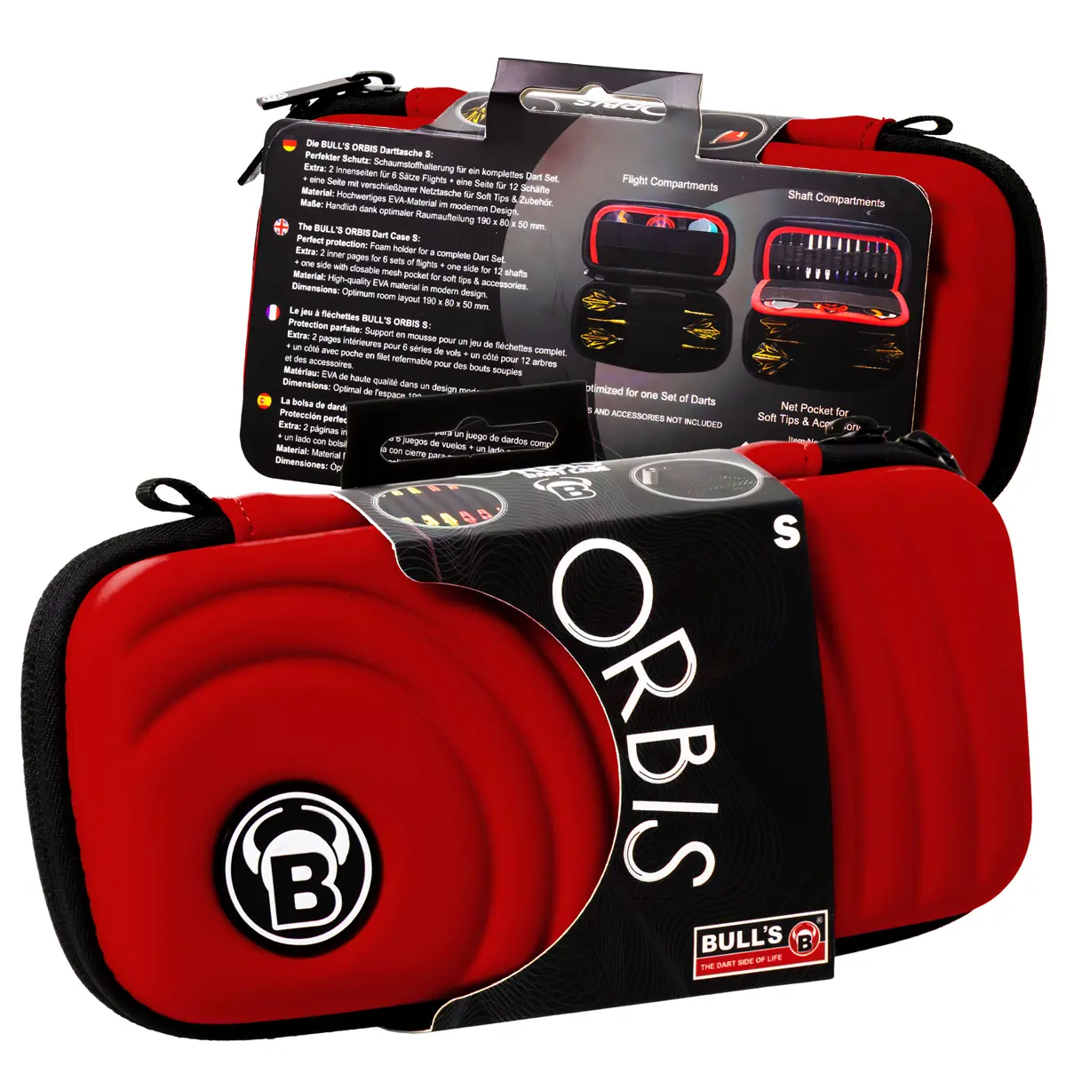 Bull's Orbis S Darttasche in Rot – Originalverpackung mit Bull's Logo und Aufdruck