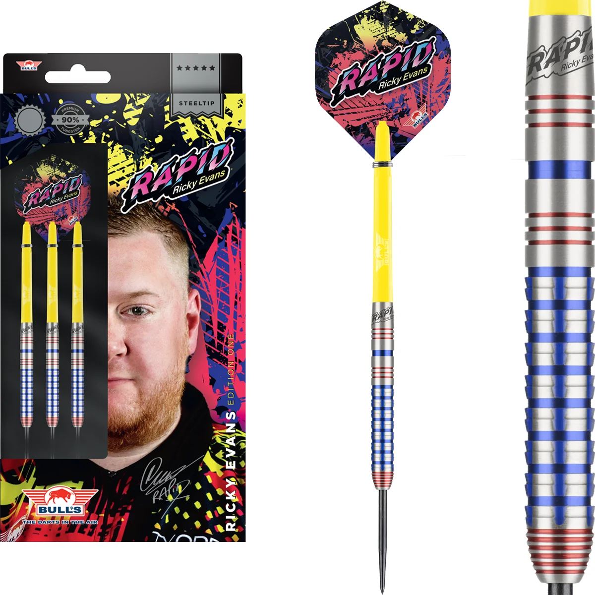 Bull’s NL Ricky Evans 95 % Steeldarts Set mit montierten Darts und Verpackung