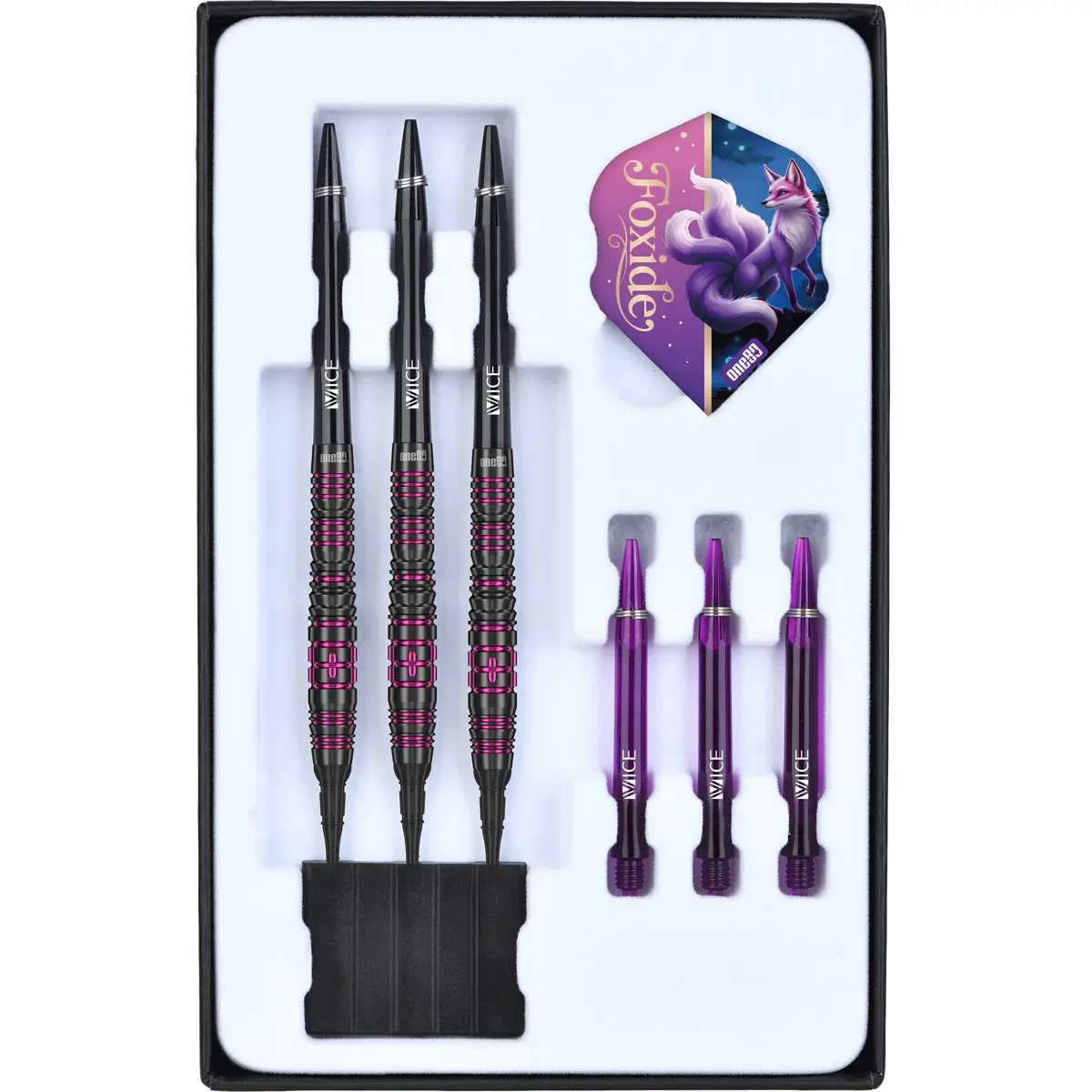 Lieferumfang der One80 Foxide F4 Softdarts mit Barrels, Softdartspitzen, Shafts und Flights