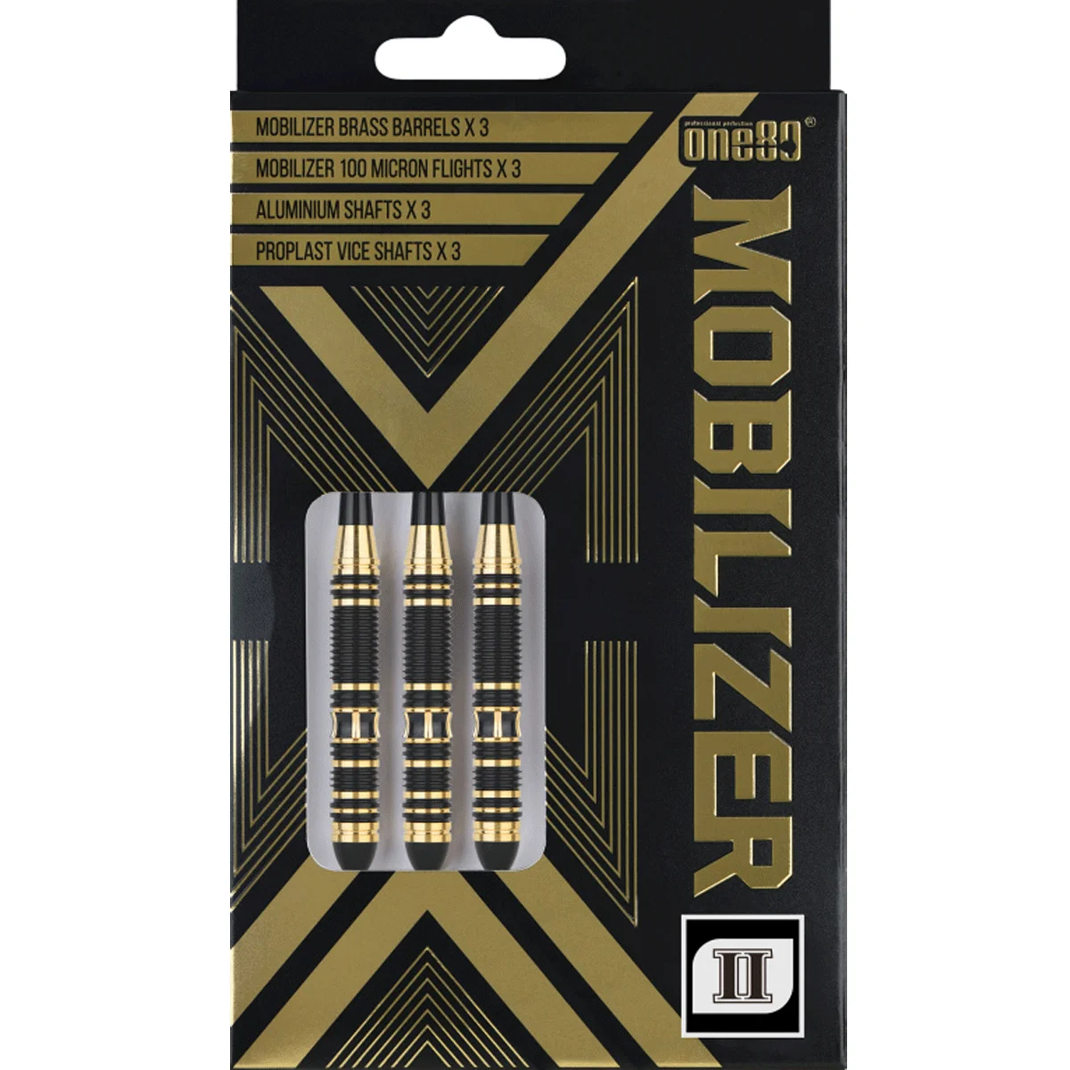 One80 Mobilizer 02 Steeldarts in Verpackung – schwarzes Design mit goldenen Details und sichtbaren Barrels