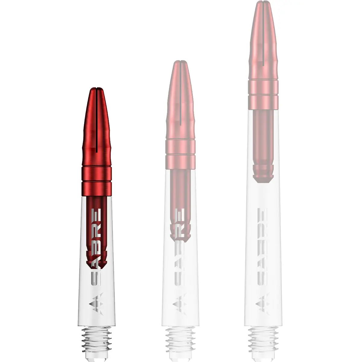 Mission Sabre Dart-Schaft in Klar-Rot, Größe Short. Kurzer, transparenter Hybrid-Shaft mit rotem Alu-Aufsatz für festen Flight-Halt.