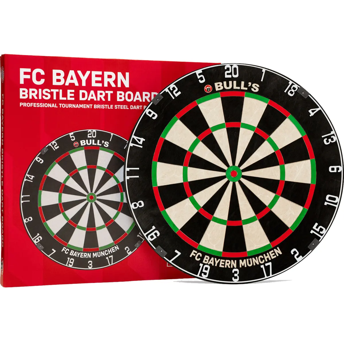 Bull’s FC Bayern München Bristle Dartboard mit roter Originalverpackung im Vereinsdesign