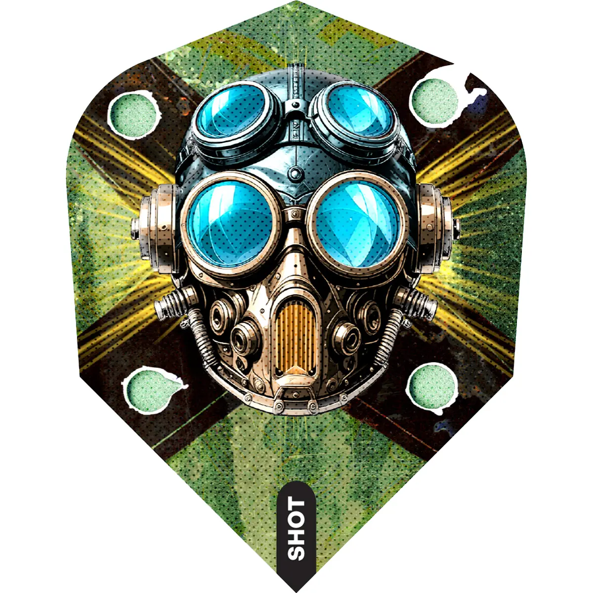 Shot Badlands Krush Flights No.6 – 3 Stück | Dartgott Shot Badlands Krush Flights No.6 im Dreierset – Gasmaske mit blauen Linsen auf grün-schwarzem Hintergrund, 100 Micron stark und formstabil